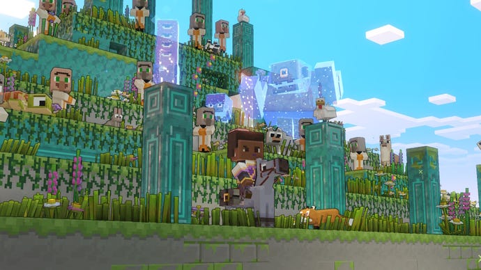 An animated human made of blocks is sitting on a blocky horse, perched atop a blocky hillside, under a non-blocky sky