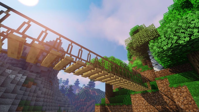 Minecraft'ta Macaw's Bridges modu kullanılarak yapılmış, bir vadinin üzerinden geçen köprü.