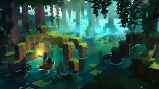 Concept art of characters rowing a boat under the roots of a mangrove tree in Minecraft The Wild update