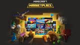 Minecraft Marketplace promo image of various Minecraft animals and creatures looking at different DLCs