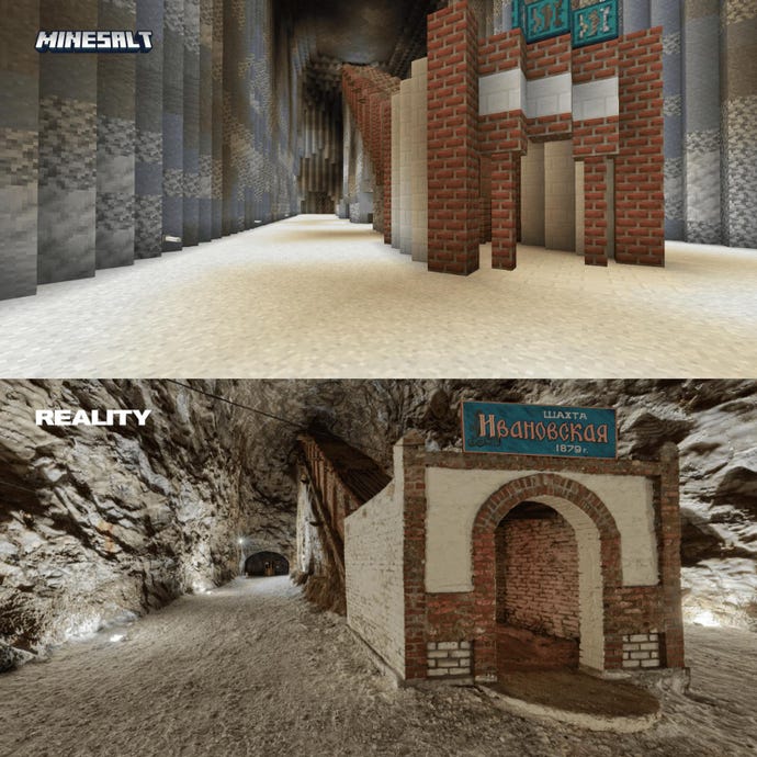 A comparison of the real-life Soledar salt mines and their virtual recreation in Minecraft level Minesalt