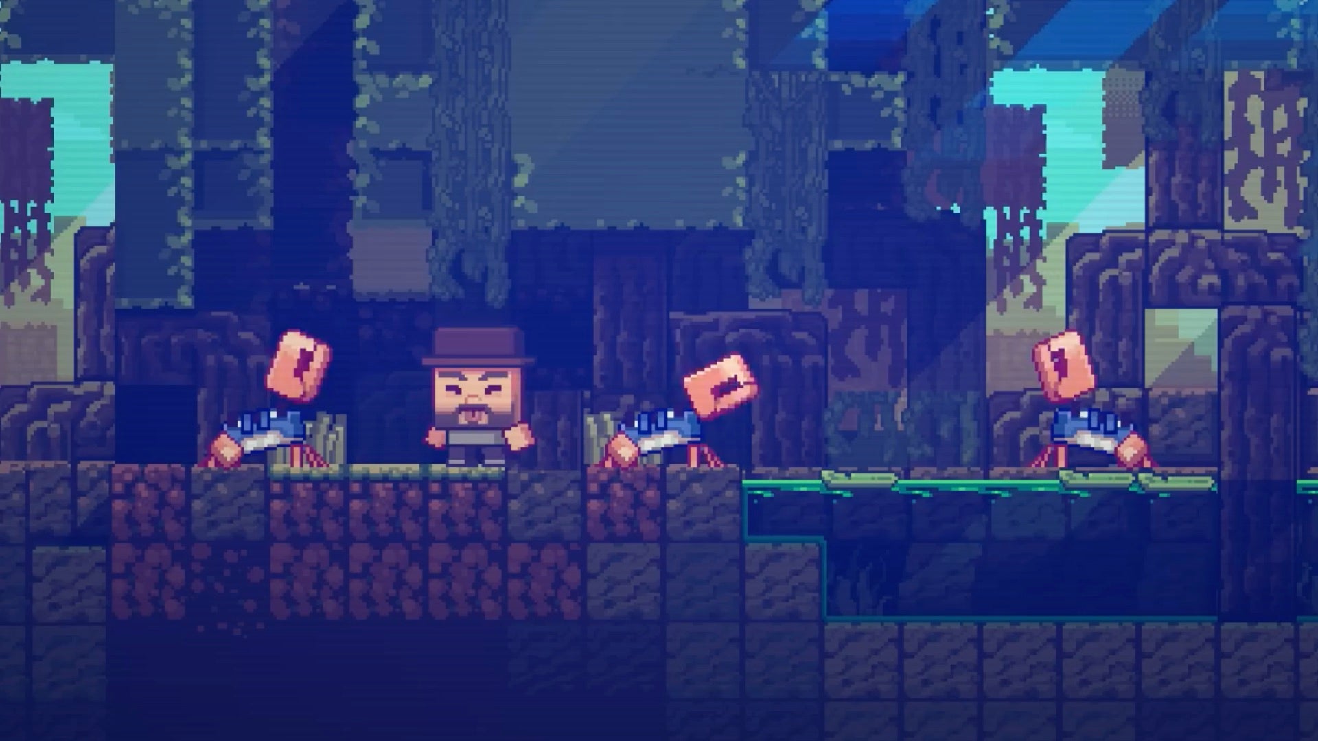 A still from Minecraft&rsquo;s mob vob 2023 video showing a pixel art rendition of three Minecraft crabs gathering around a player.