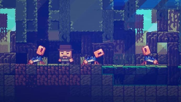 A still from Minecraft’s mob vob 2023 video showing a pixel art rendition of three Minecraft crabs gathering around a player.
