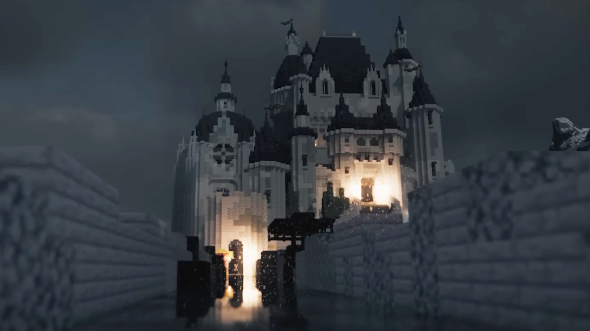 This mountain Minecraft castle built by YouTuber Wombaat looks out over a dark, snow-covered landscape. - 16