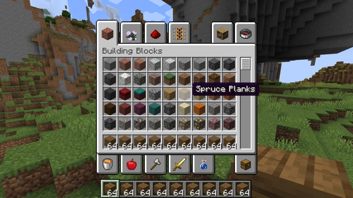 A Minecraft player in Creative Mode uses the Mouse Wheelie mod to easily fill their hotbar with Spruce Planks.