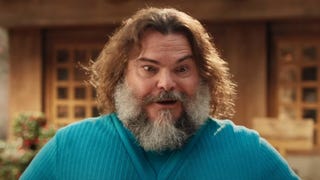 A still from the live-action Minecraft movie showing a close-up of Jack Black as Steve.