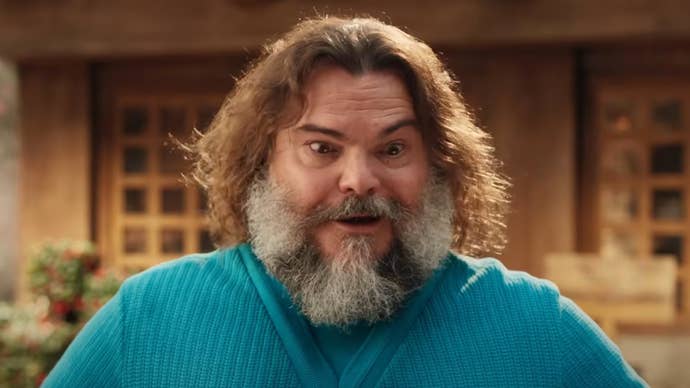 A still from the live-action Minecraft movie showing a close-up of Jack Black as Steve.