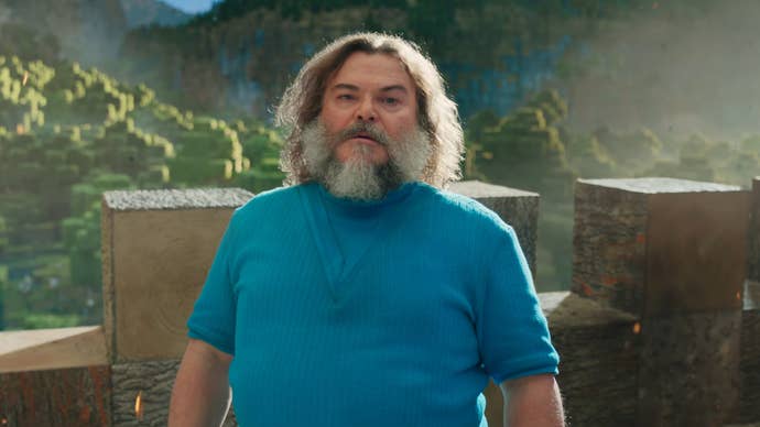 Jack Black wearing a blue t-shirt as Stever in the Minecraft movie.