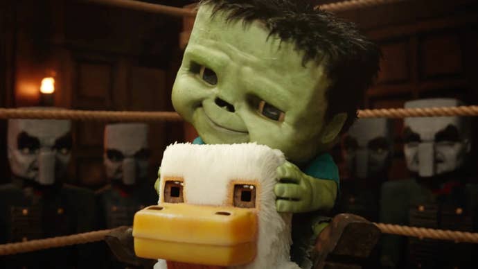 A shot from the live-action Minecraft movie showing a zombie riding a duck in a boxing ring.