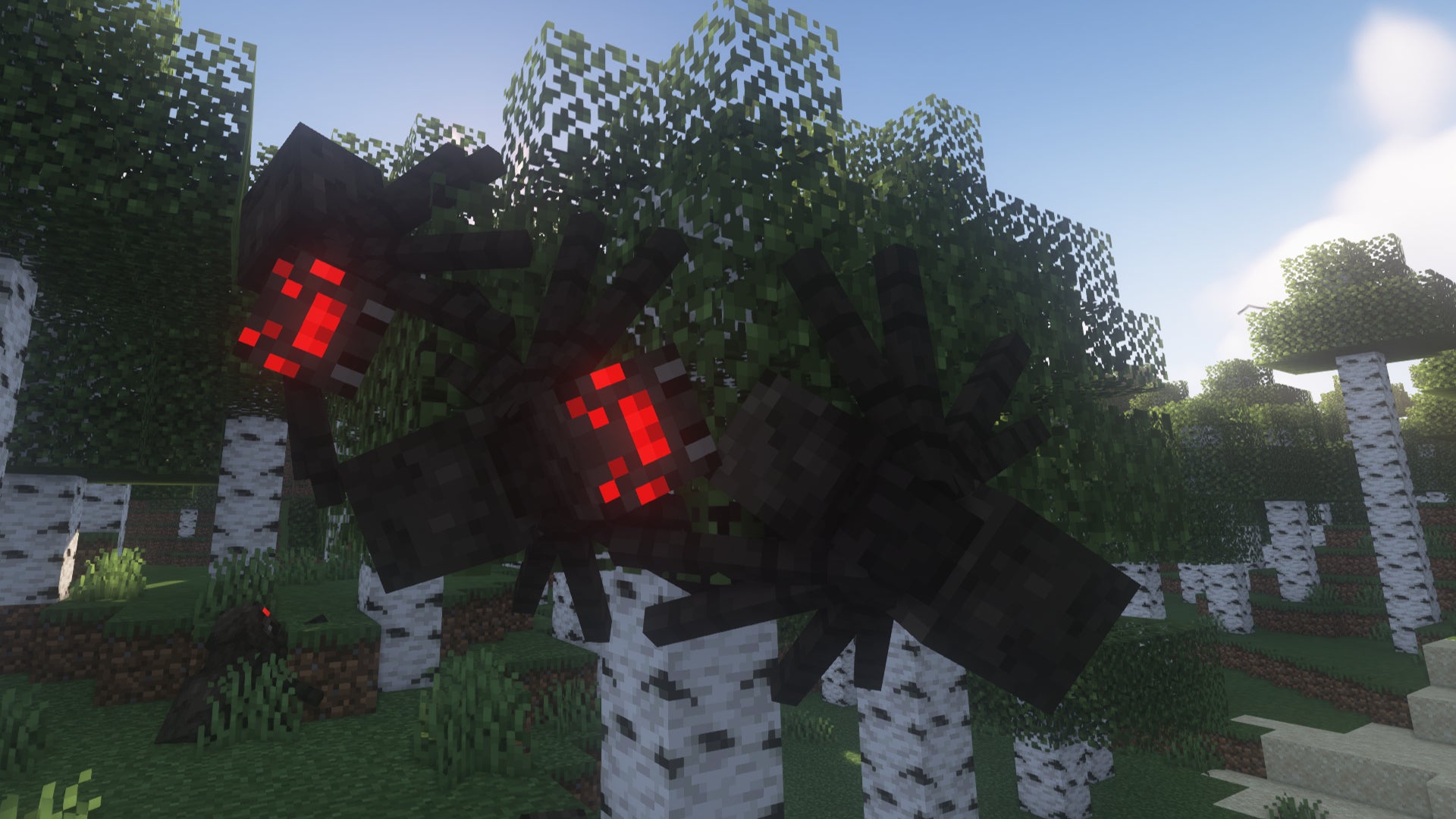 Several spiders clinging to the side of a Minecraft birch tree using the Nyf's Spiders mod. - 25
