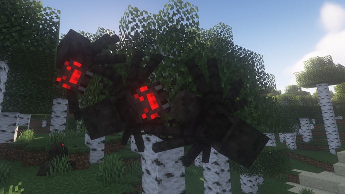 Minecraft'ta Nyf's Spiders modu kullanılarak oluşturulmuş bir huş ağacının yan tarafına yapışmış birkaç örümcek.