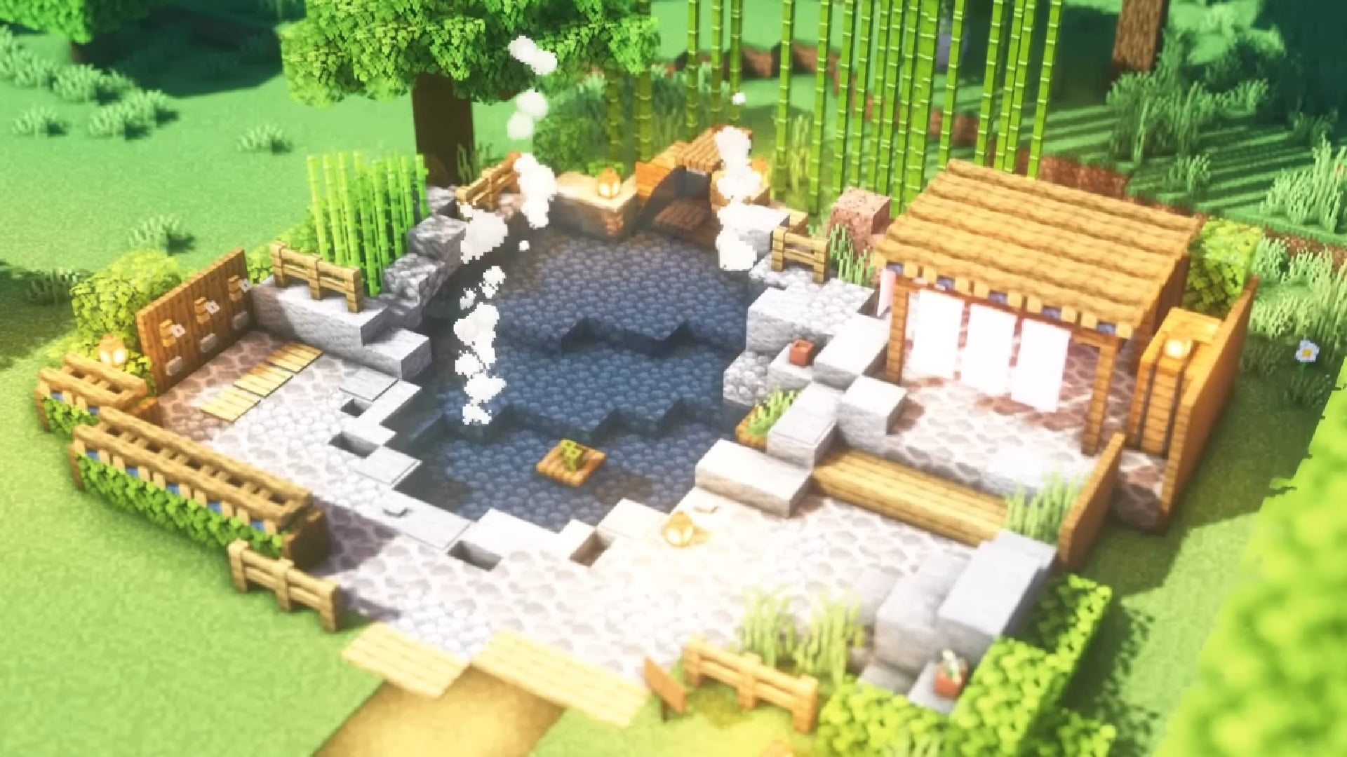 A Japanese-style onsen (hot spring) built in Minecraft, uploaded to the YouTube channel SEVEN's Minecraft. - 20