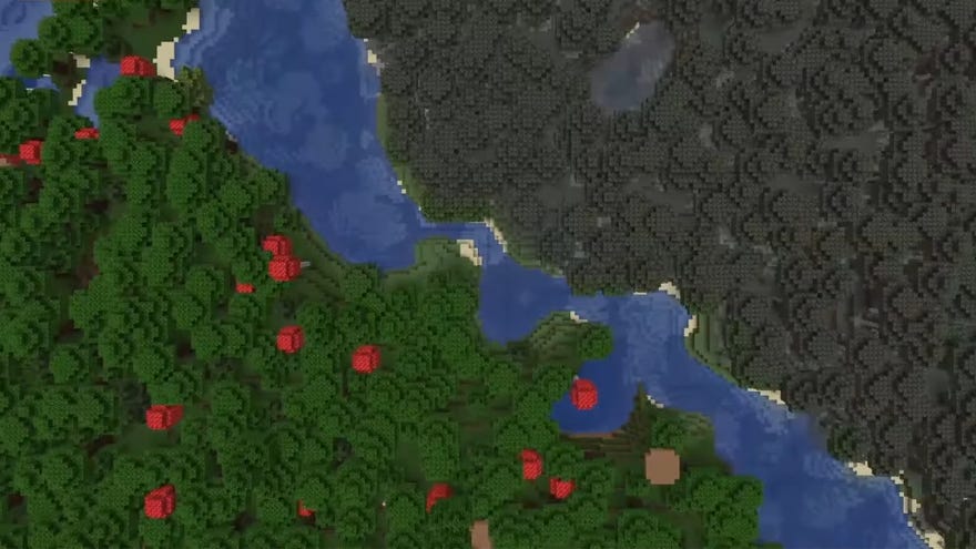 Minecraft live screenshot showing the Pale Garden biome next to a woodland via an aerial view.