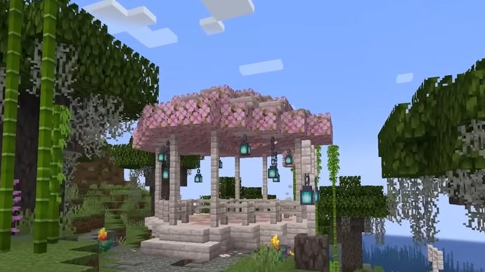 Captura de pantalla de Minecraft Live que muestra una glorieta hecha de bloques de madera de roble pálido.