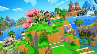 Minecraft promotional art showing Steve and other characters running along a narrow stretch of blocky green hillside toward the camera. Mountains, cherry blossoms, caves, water, and other landmarks can be glimpsed as the landscape stretches away beneath them.