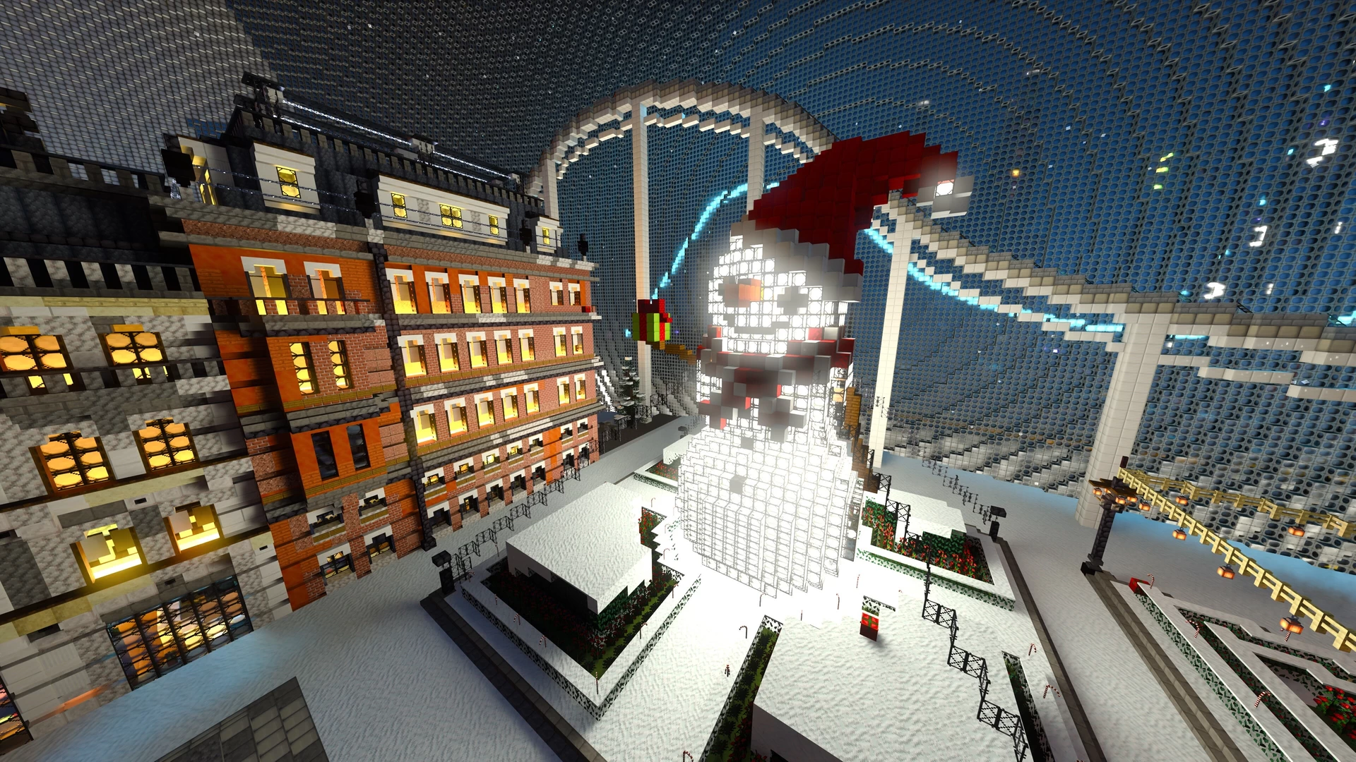 A giant, glowing snowman in Nvidia&rsquo;s Minecraft RTX Winter World map.