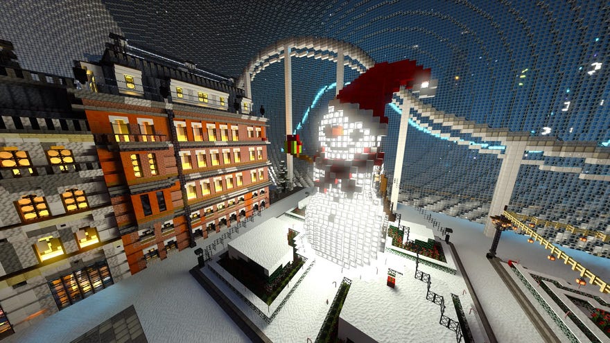 A giant, glowing snowman in Nvidia’s Minecraft RTX Winter World map.