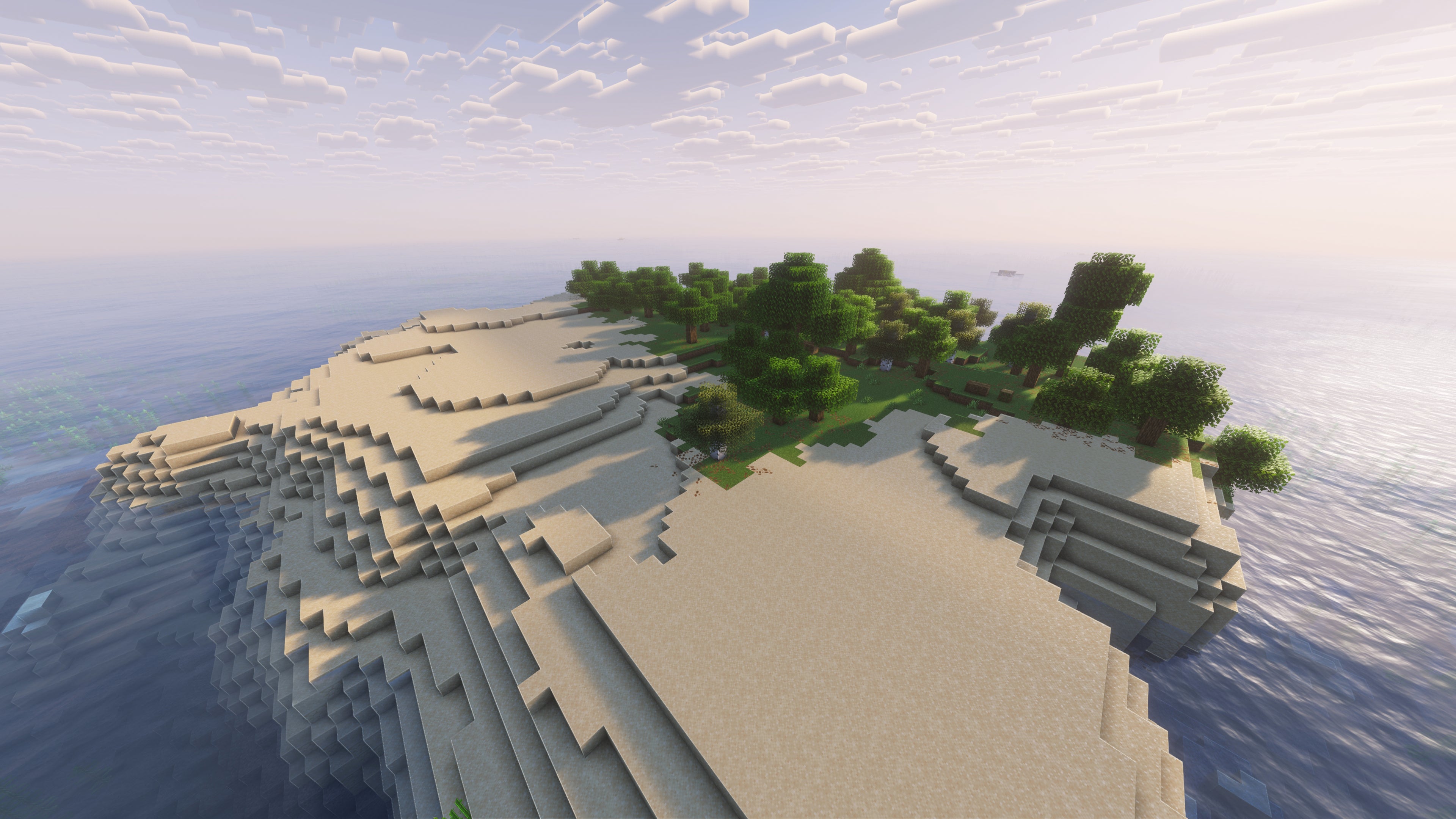 A landscape screenshot of a Minecraft seed, showing a small island that's half beach, half forest. - 40