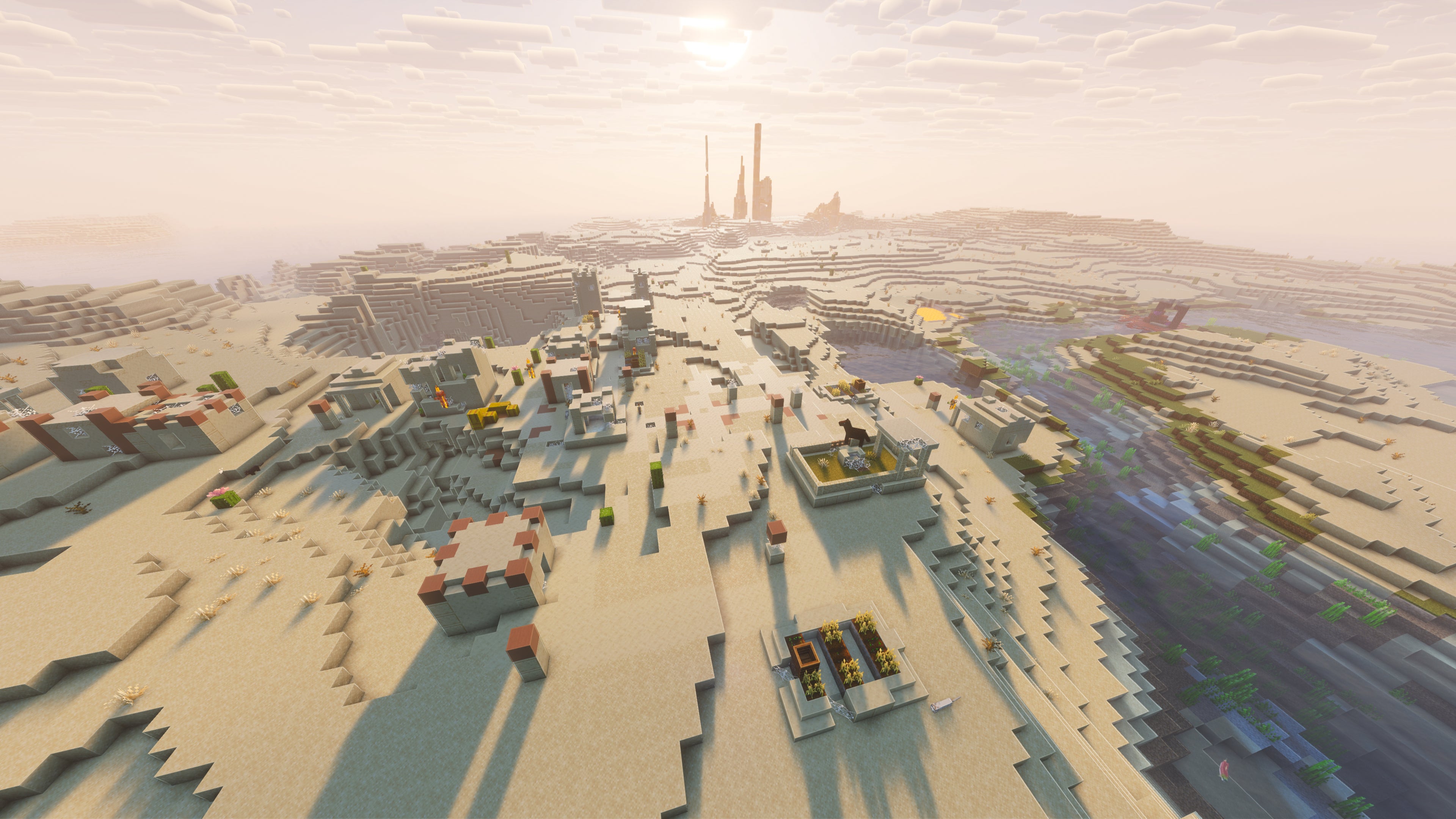 A landscape screenshot of a Minecraft seed, showing a Zombie Village on a large Desert island. - 16