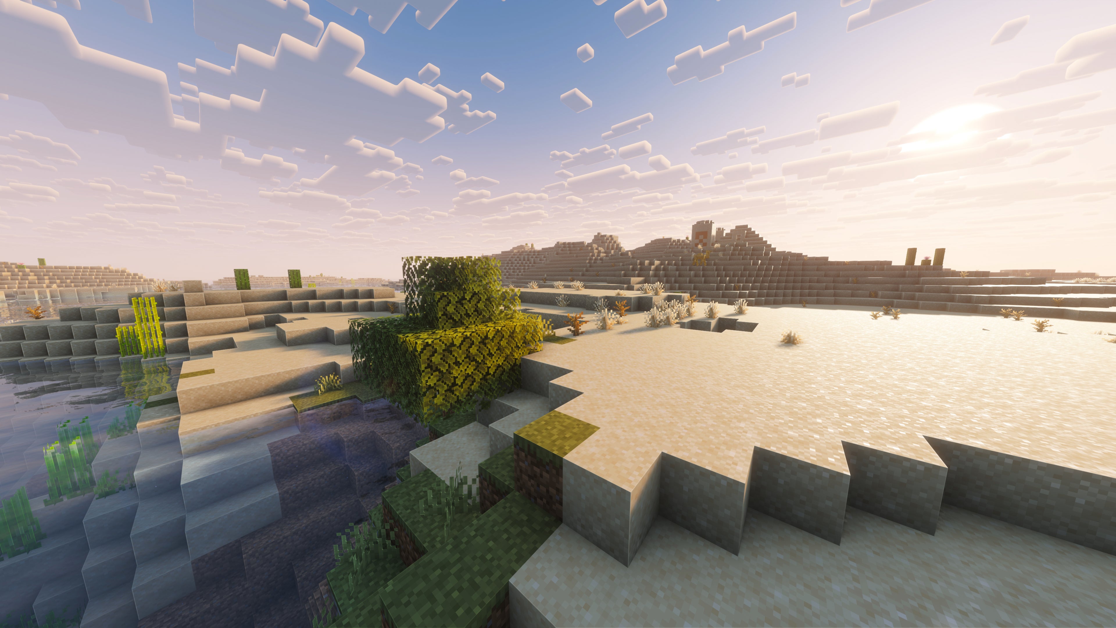 A landscape screenshot of a Minecraft seed, showing a single tree on the edge of a Desert biome, with a Desert Pyramid in the distance. - 49