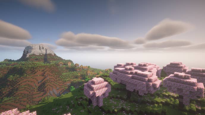 Minecraft screenshot of the ‘all biomes’ seed showing a diverse landscape.