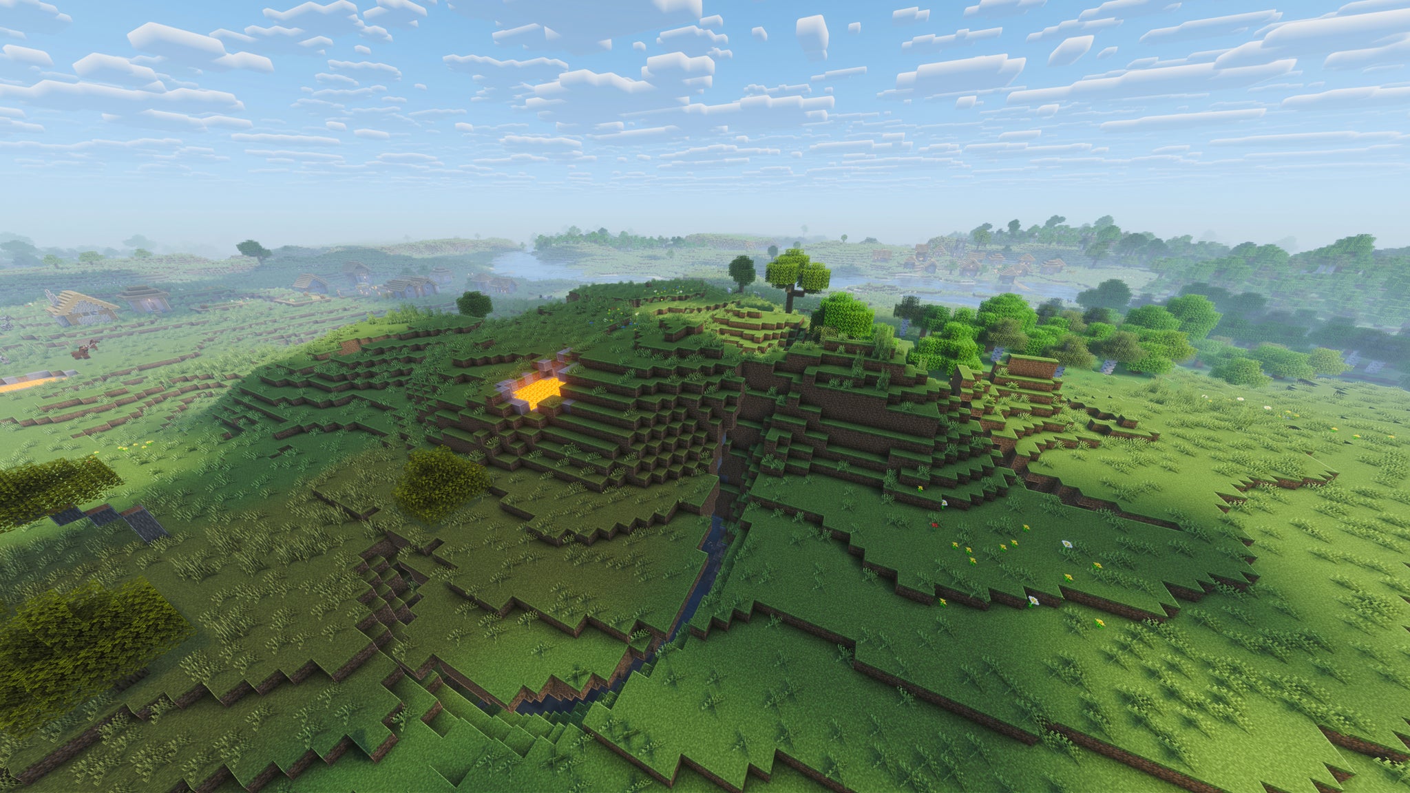 A landscape screenshot of a Minecraft seed, showing a simple Plains biome with some surface lava and the entrance to a cave below. - 38