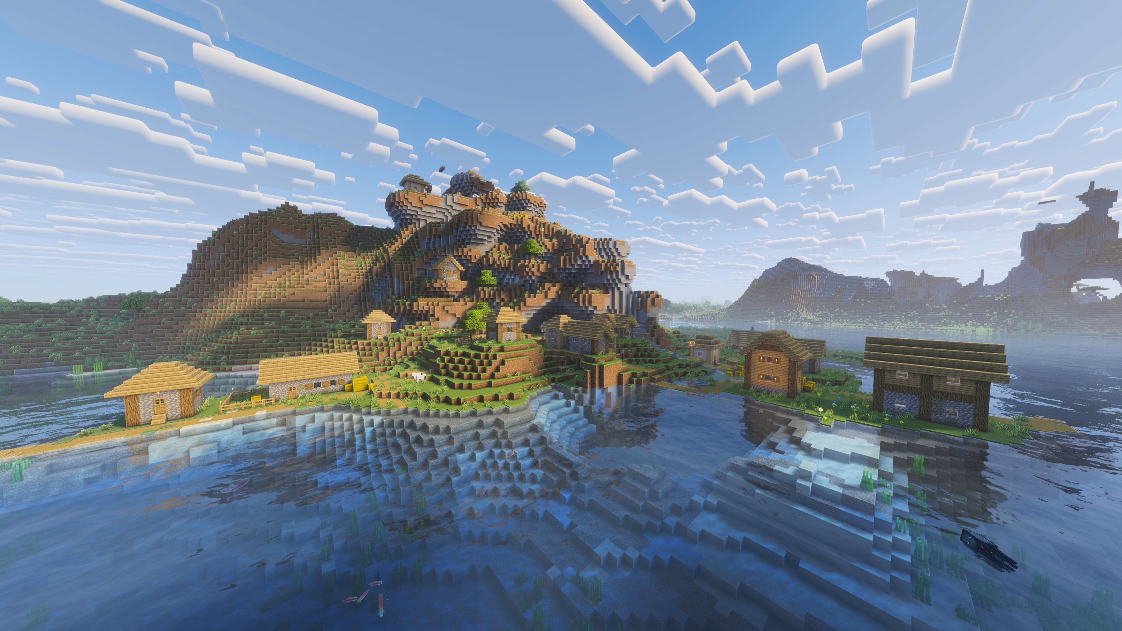 A landscape screenshot of a Minecraft seed, showing an idyllic Village built by the coast on the edge of a hill. - 17