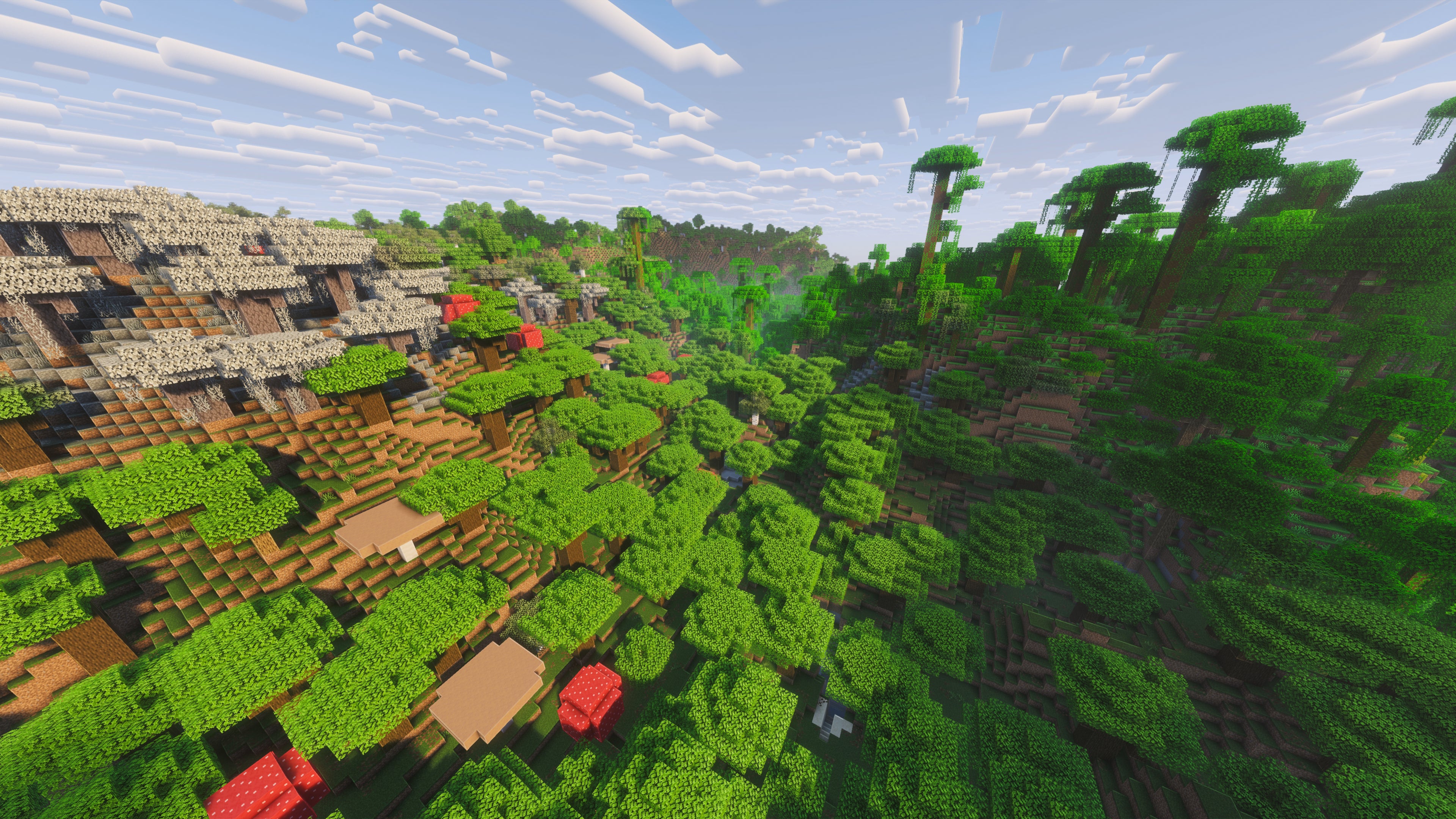 A landscape screenshot of a Minecraft seed, showing a convergence of multiple forest biomes, including a Pale Garden on the left. - 27