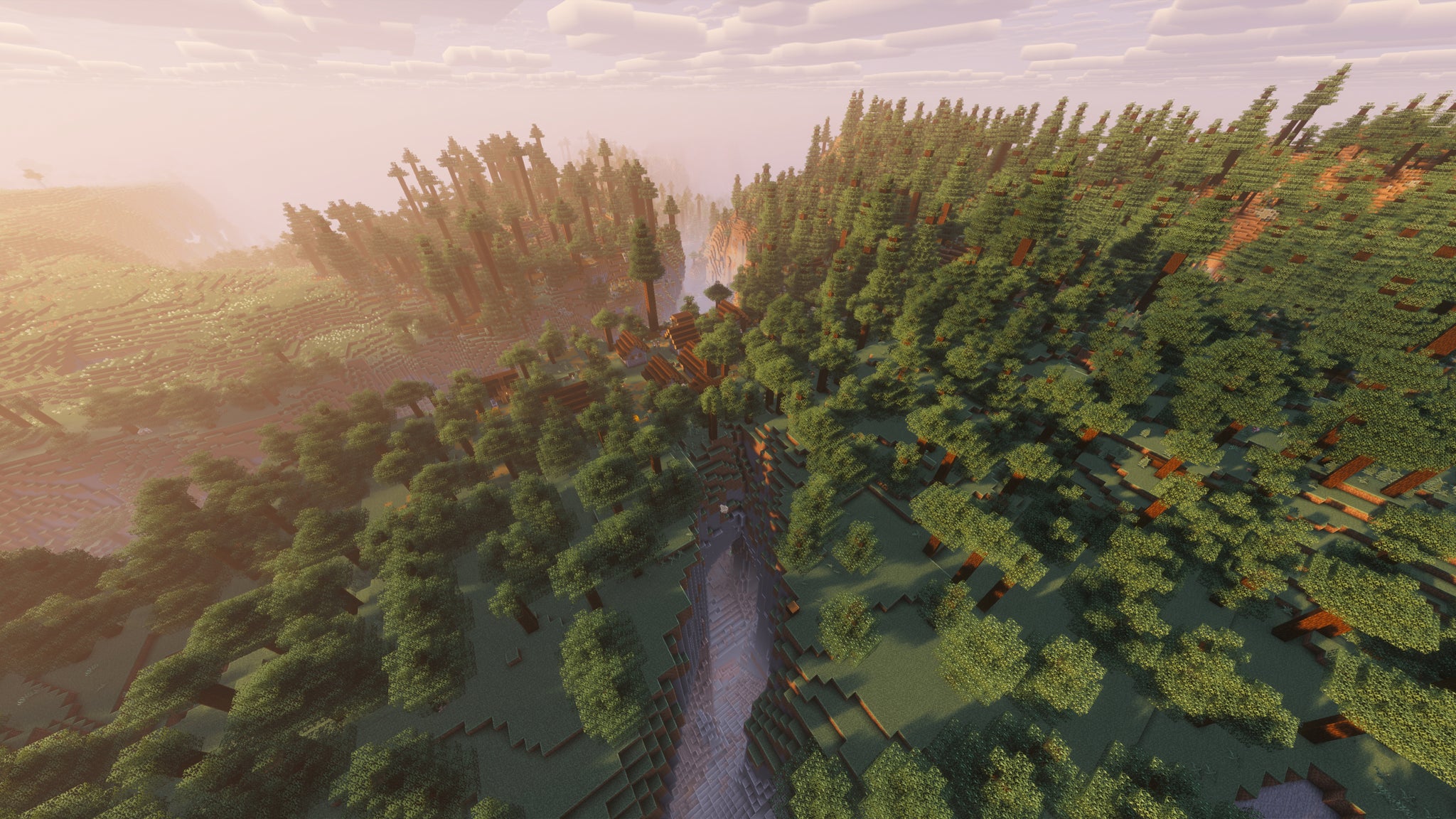 A landscape screenshot of a Minecraft seed, showing a Village built in a hilly forest atop a ravine leading to cave systems below. - 29