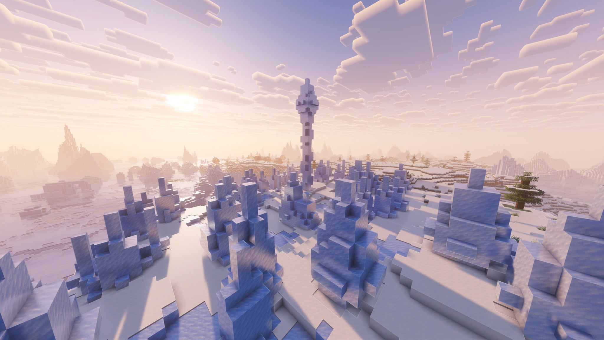 A landscape screenshot of a Minecraft seed, showing an Ice Spikes biome at dawn. - 46