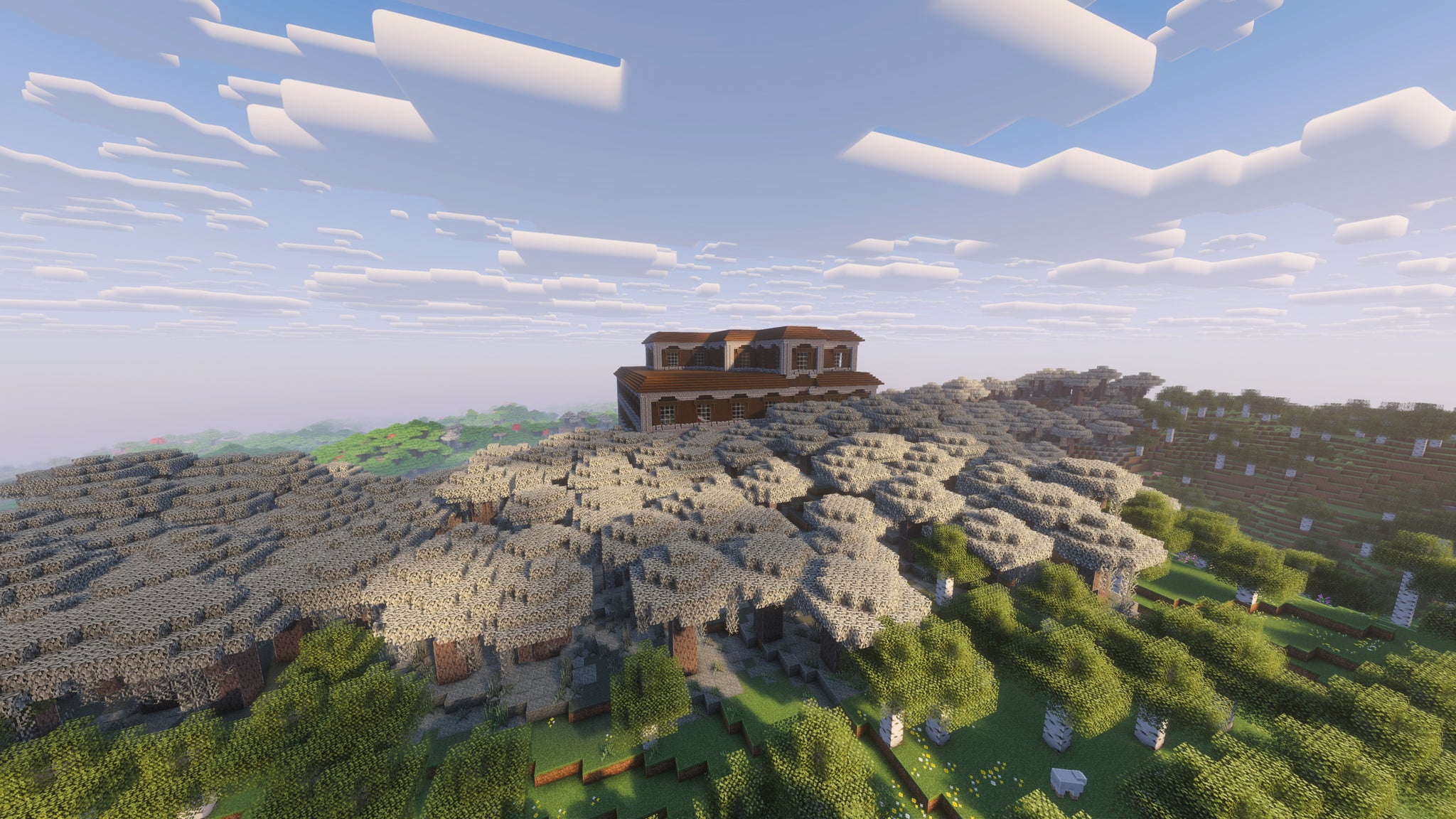 A landscape screenshot of a Minecraft seed, showing a Woodland Mansion in the middle of a Pale Garden biome. - 4