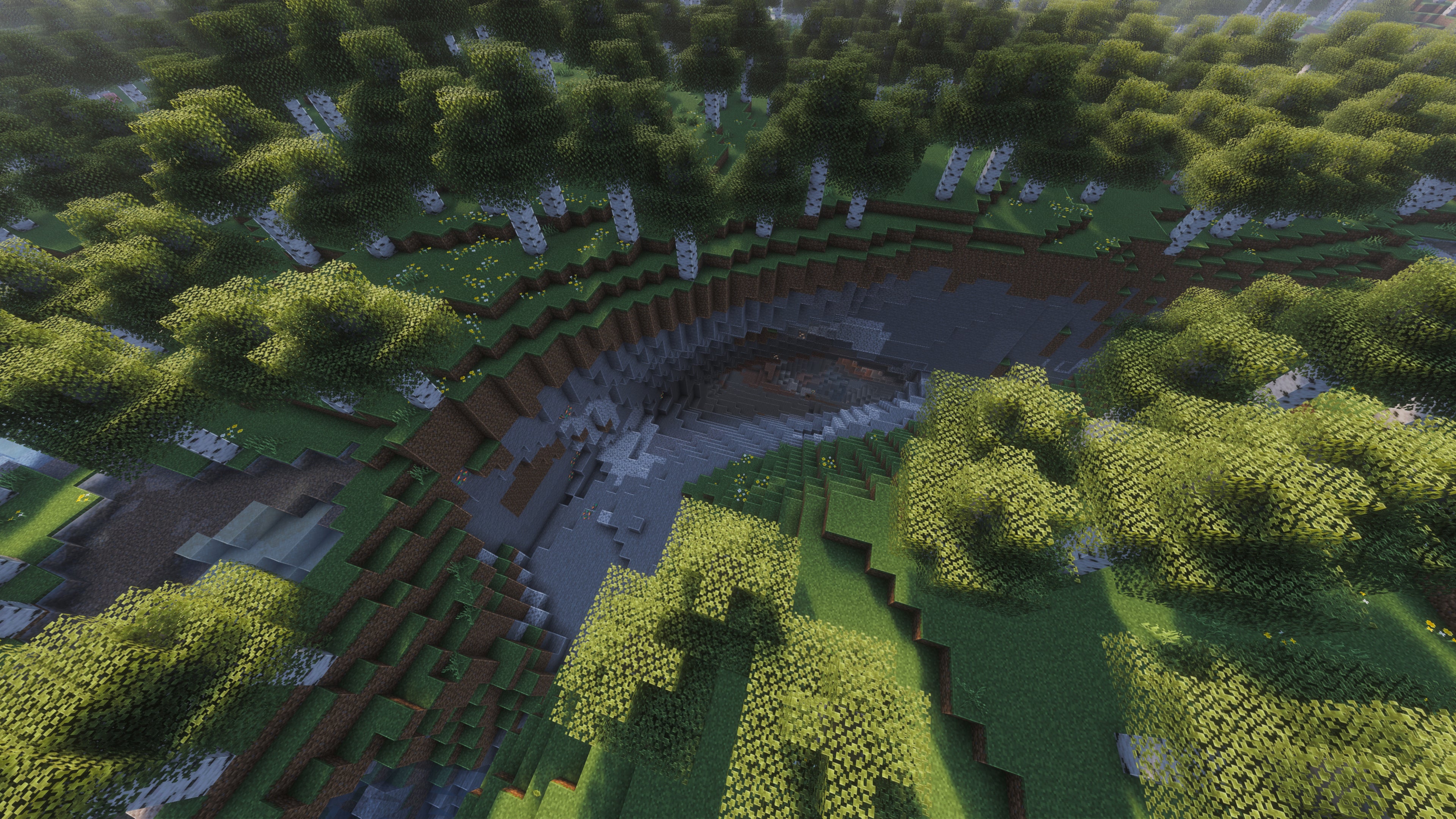 A landscape screenshot of a Minecraft seed, showing an interestingly curved ravine built into the ground in a Birch Forest. - 12