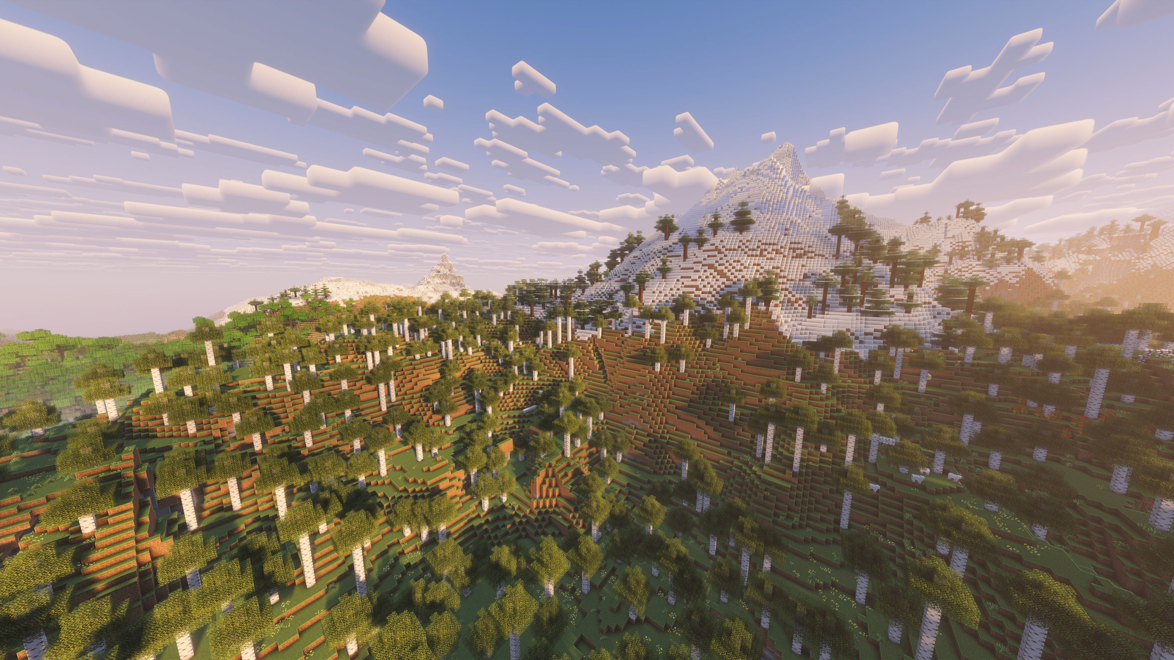A landscape screenshot of a Minecraft seed, showing a Birch Forest growing across the side of a large snow-capped mountain. - 13