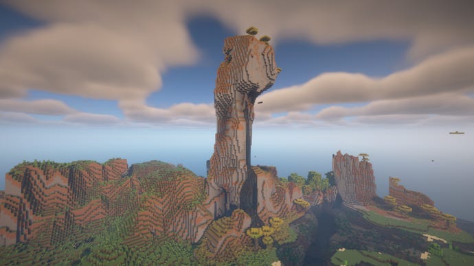Minecraft screenshot of the ‘perfect tower base’ seed showing a large natural structure.
