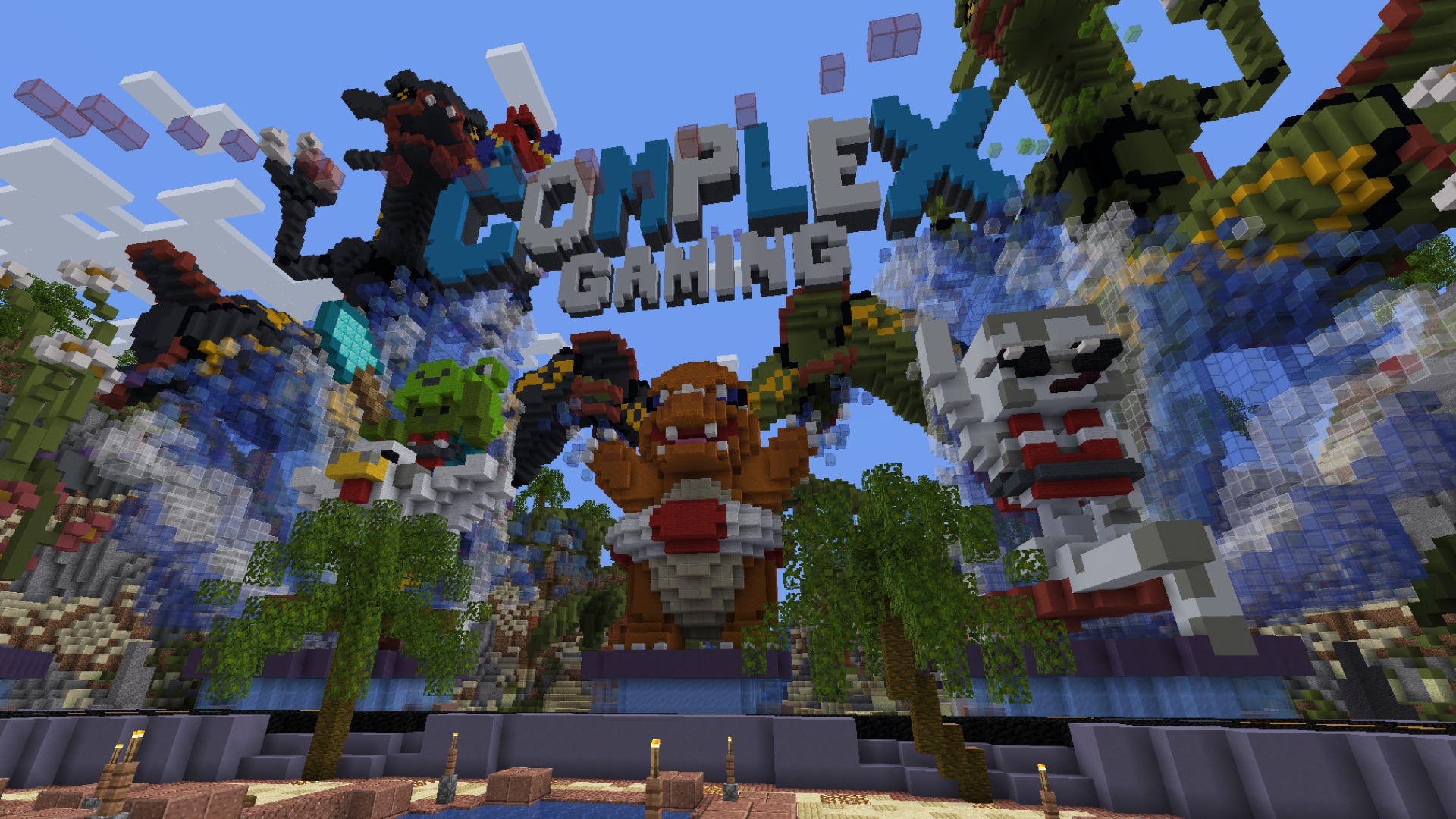 The lobby of the Complex Gaming server in Minecraft, featuring a gigantic mural with the lettering of the server surrounded by various beasts. - 5