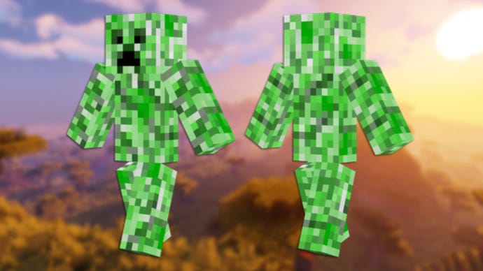 A front and back view of the Creeper Minecraft skin.