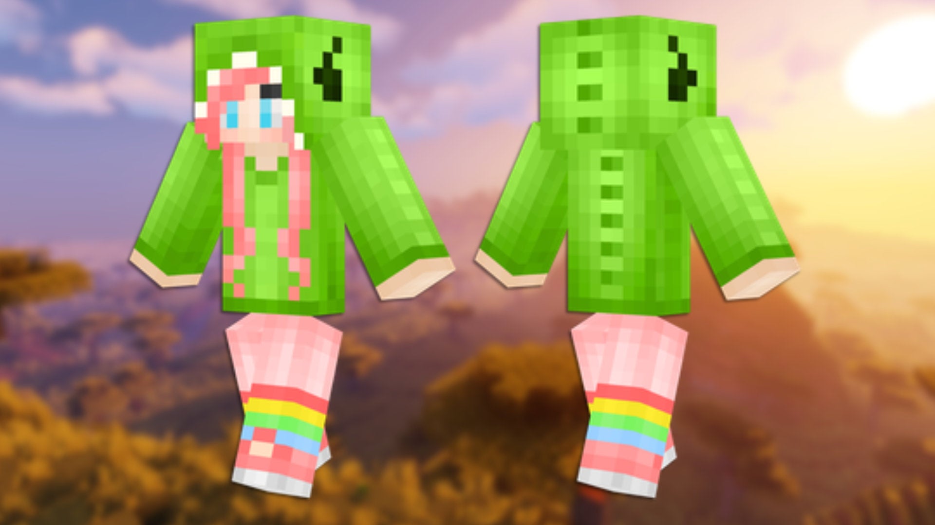 A front and back view of the Dino Girl Minecraft skin. - 34