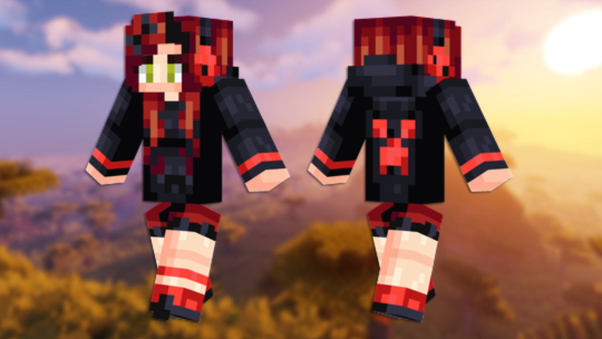 A front and back view of the Red Creeper Girl Minecraft skin. - 33