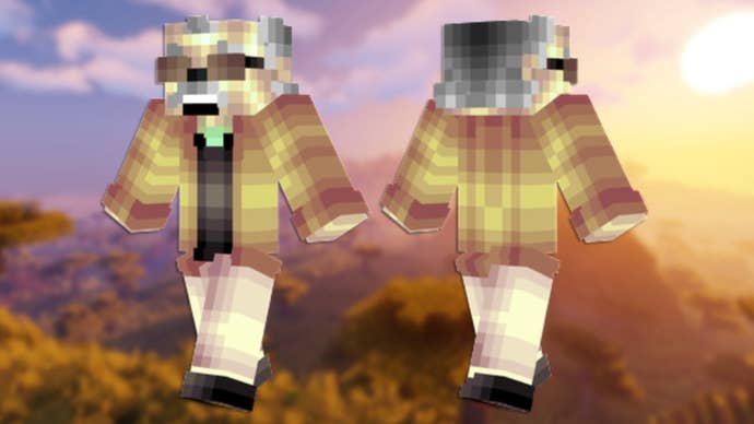 A front and back view of the Stan Lee Minecraft skin.