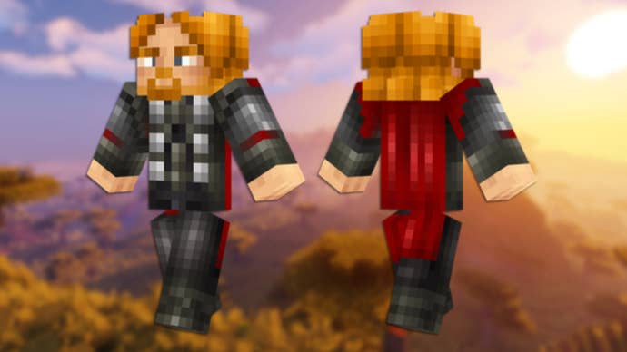A front and back view of the Thor Minecraft skin.