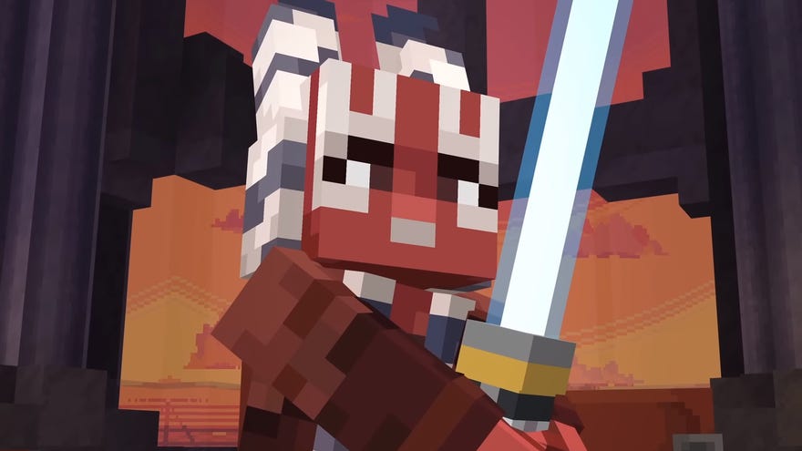 A blocky Ahsoka holds her lightsaber in Minecraft’s Star Wars DLC Path of the Jedi