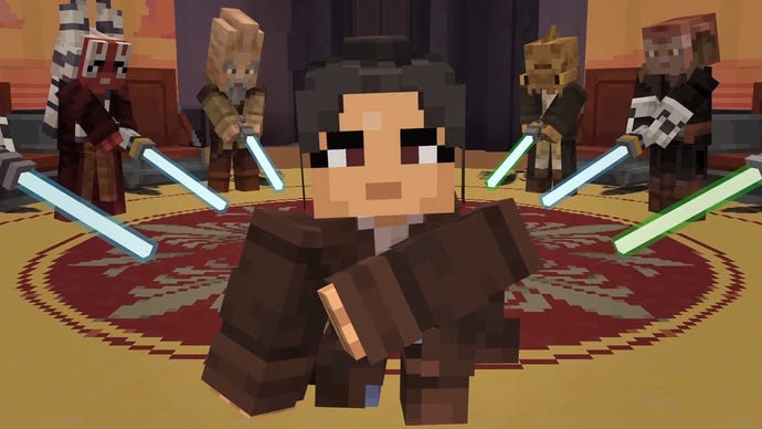 The player character kneels as Jedi point their lightsabers to the flood in Minecraft’s Star Wars DLC Path of the Jedi