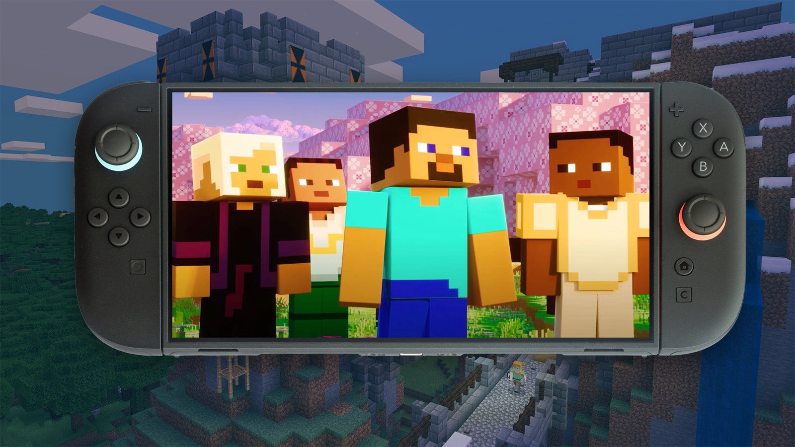 Blocky characters stand in a group in a screenshot seen on a Switch 2 handheld. Behind them is a blocky castle in a blocky world. It's Minecraft.