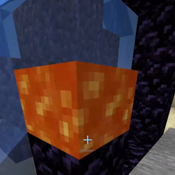 Part of the process of speed-building a Nether Portal in Minecraft.