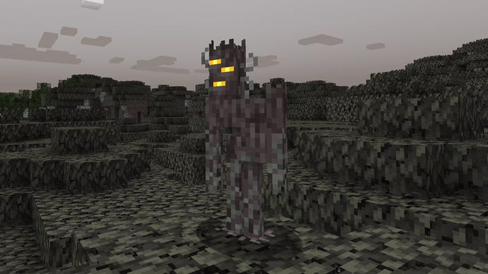 Captura de pantalla de Minecraft que muestra a The Creaking, una mafia dentro del bioma de Pale Garden.