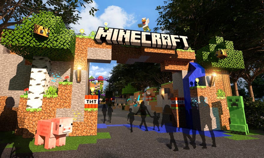 A mockup of what a Minecraft theme park entrance might look like.
