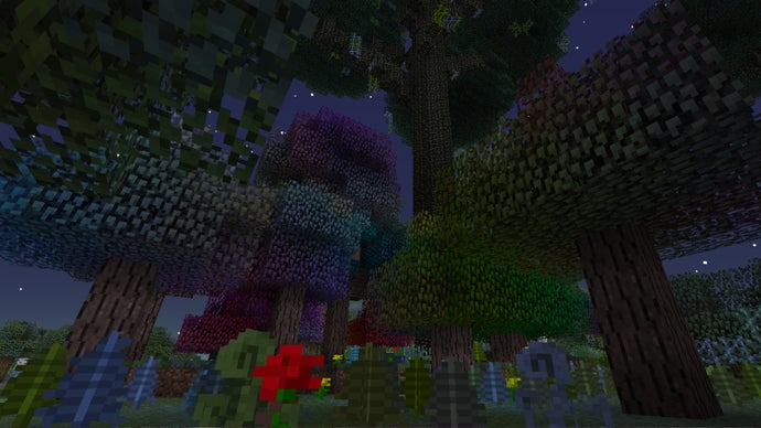 Minecraft'taki Twilight Forest modundan, gece vakti gökkuşağı ağaçlarından oluşan bir orman.