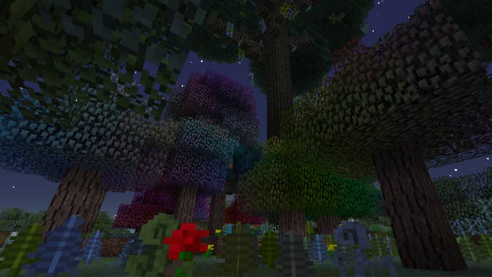 A rainbow tree forest at night from the Twilight Forest mod in Minecraft.