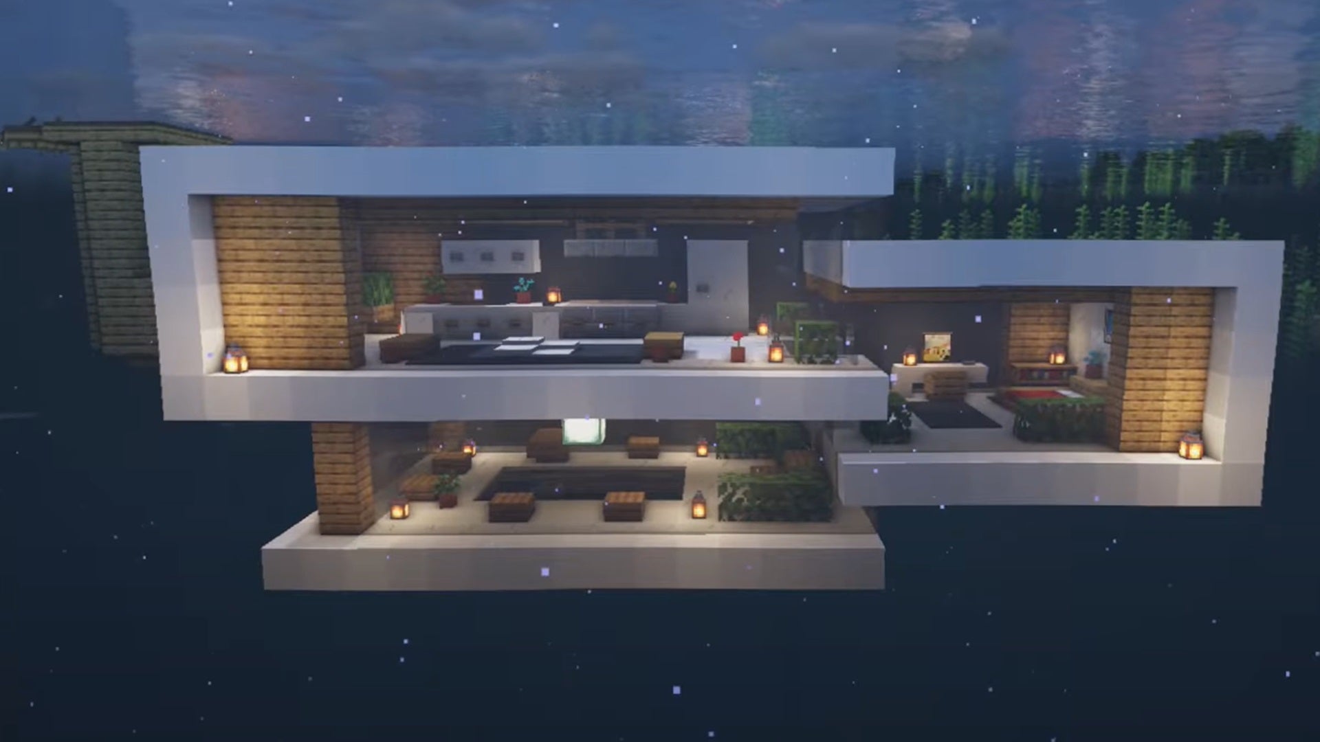 A stylish underwater house in Minecraft with three segmented parts, each separated by modern white walls. - 23