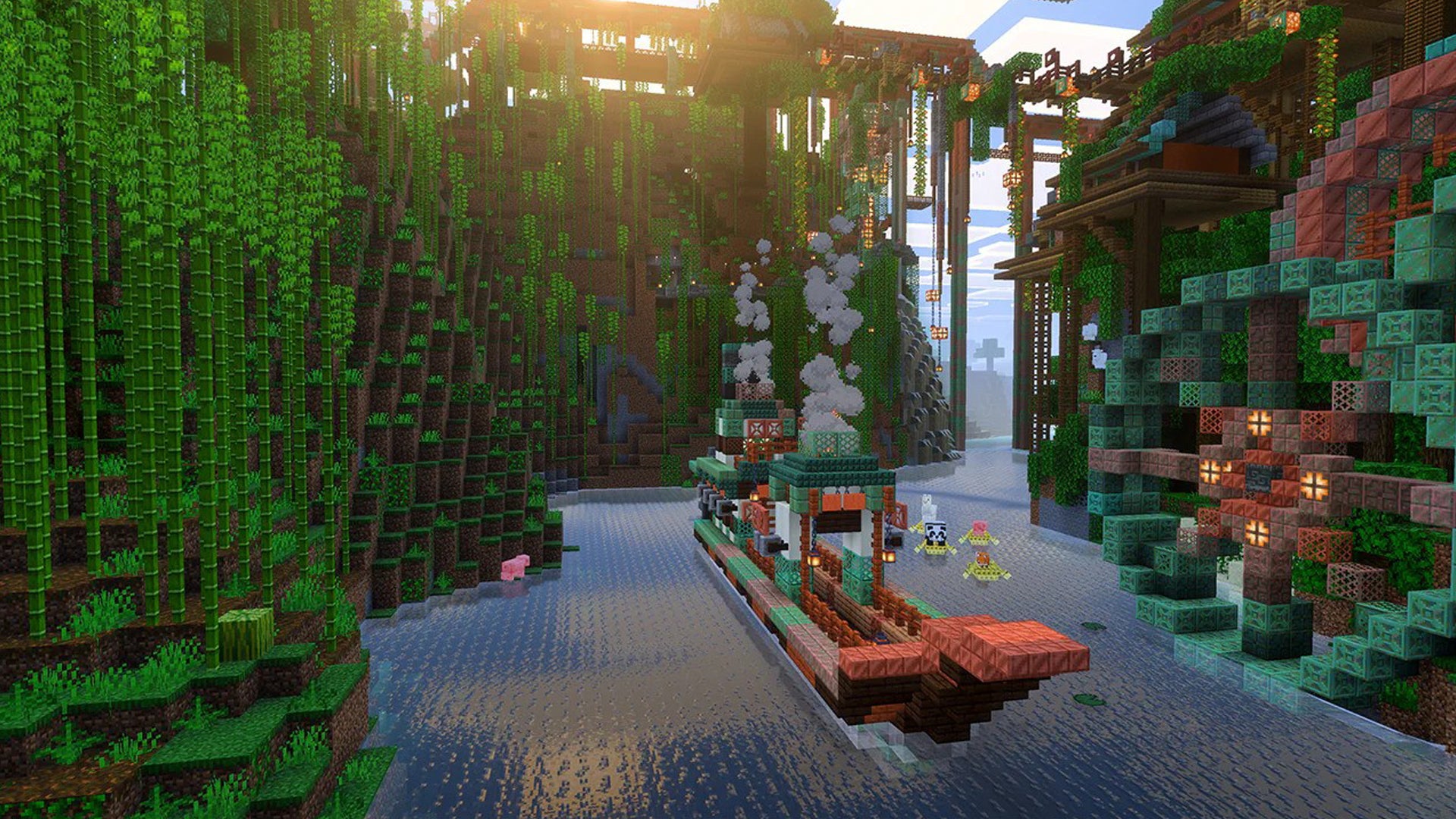 A boat sailing down a river in a jungley area in Minecraft. - 1